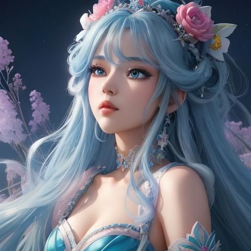 Blue-Haired Princess Gazing Skyward in Fairycore Style