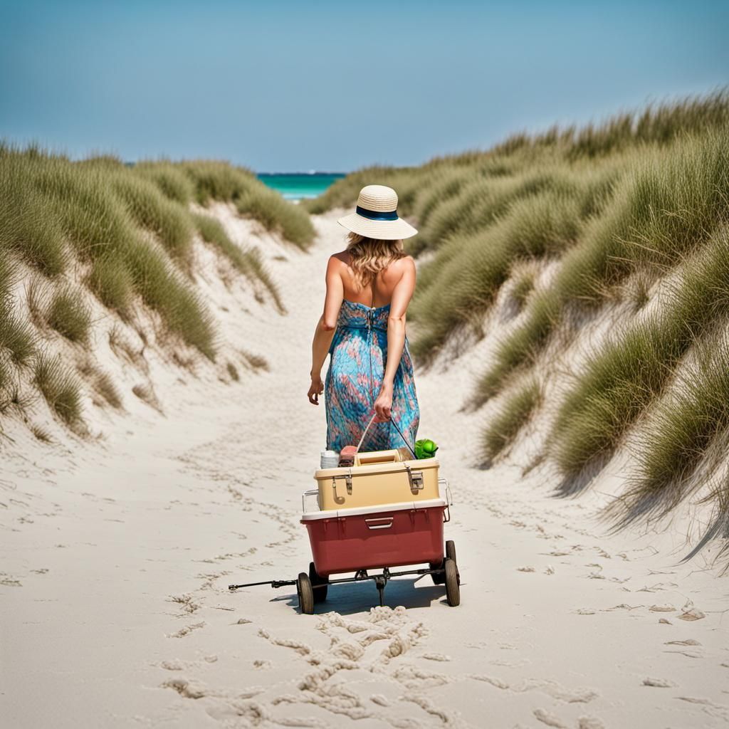 Woman on Beach Walk with Wagon