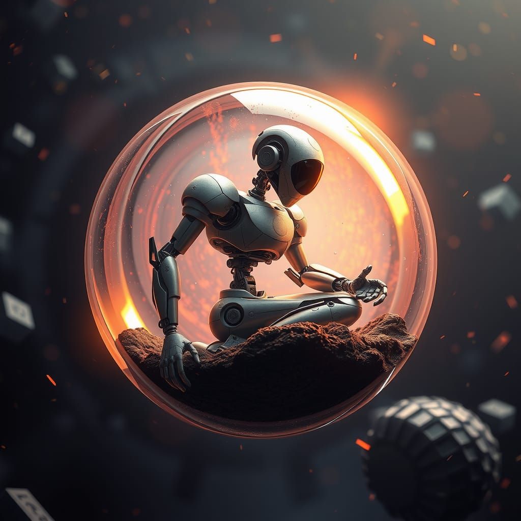 robot trapped in a glass orb, floating in space