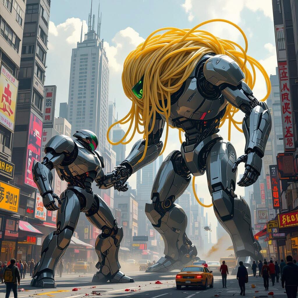 Robot Versus Spaghetti Monster in Futuristic Cityscape
