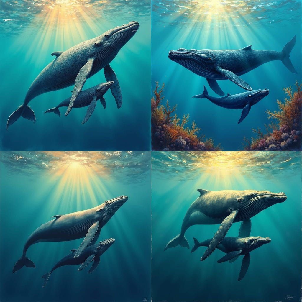 Humpback Whale Mother and Baby in Oil Painting