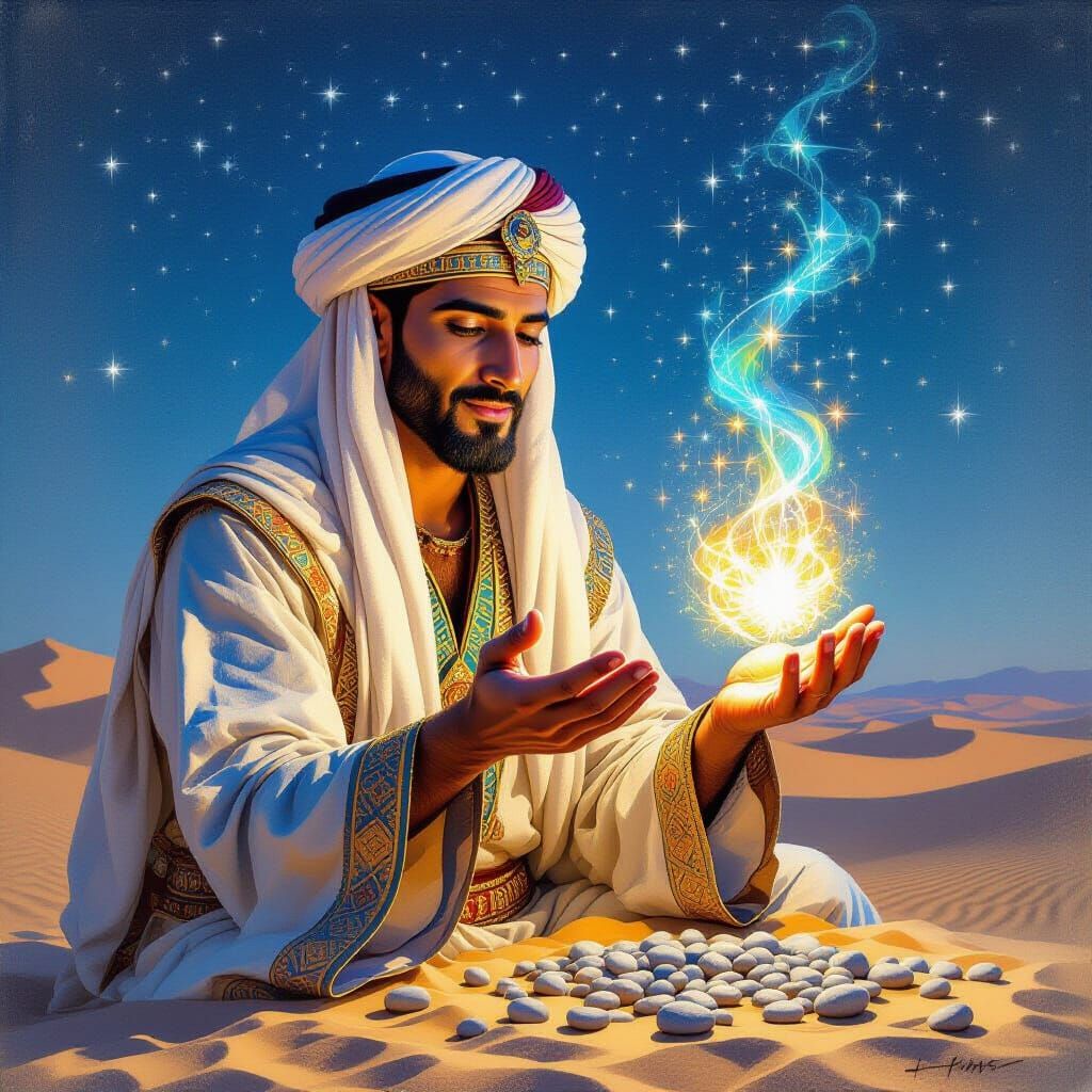 Medieval Egyptian Mage Casting Magic with Glowing Pebbles