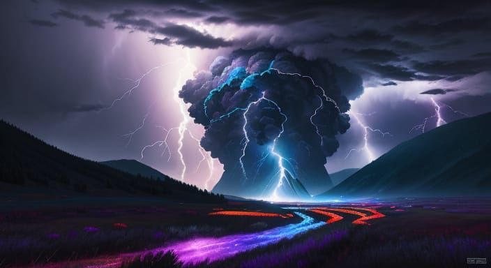 Lightning Storm Landscape in Action Painting Style