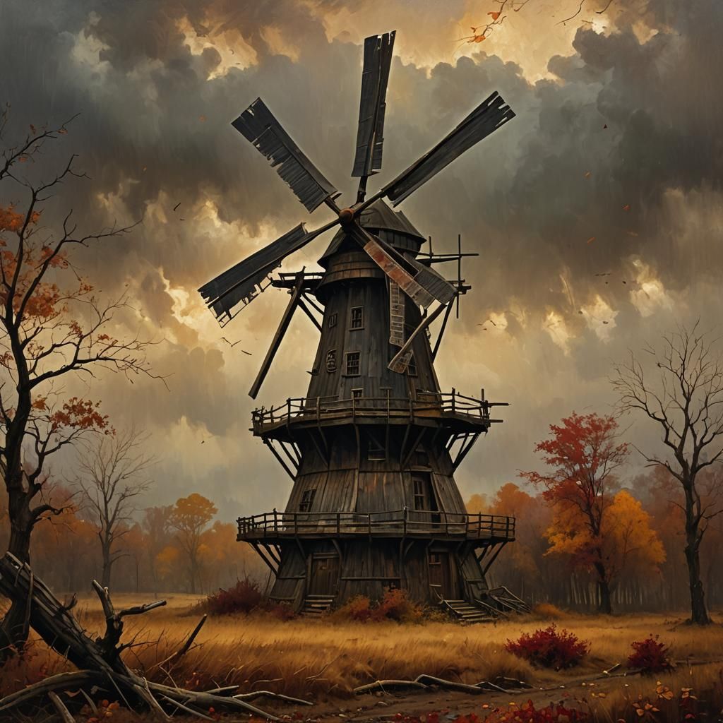 Autumn Windmill in Dark Fantasy Landscape, Expressive Brushw...