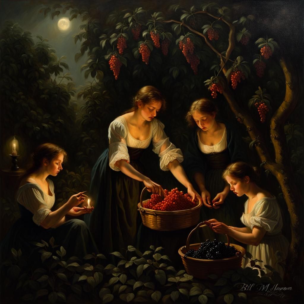 Witches Harvest Elderberries: Oil Painting with Eerie Shadow...