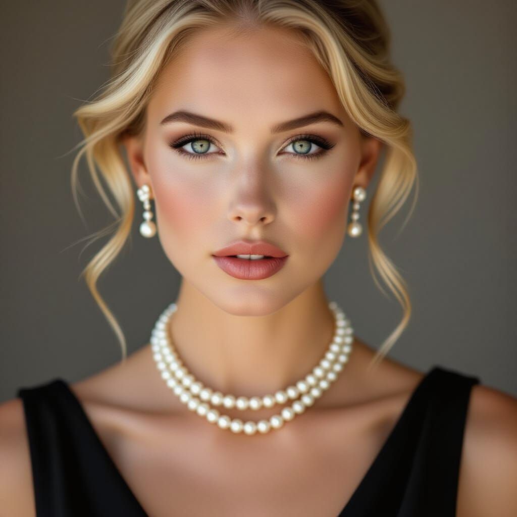 Blonde Woman in Black Dress, Photorealistic Style