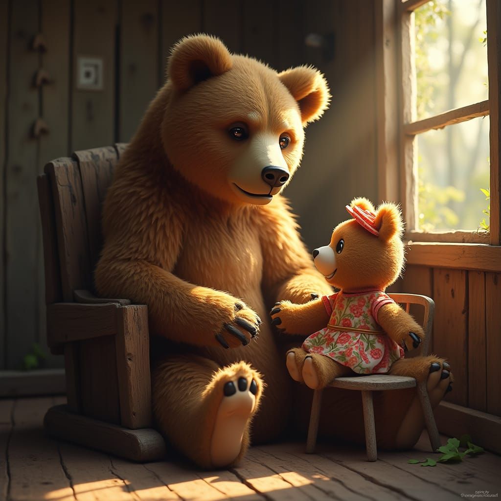 Brown Bear Comfortably Sits with Teddy Bear Companion in Coz...