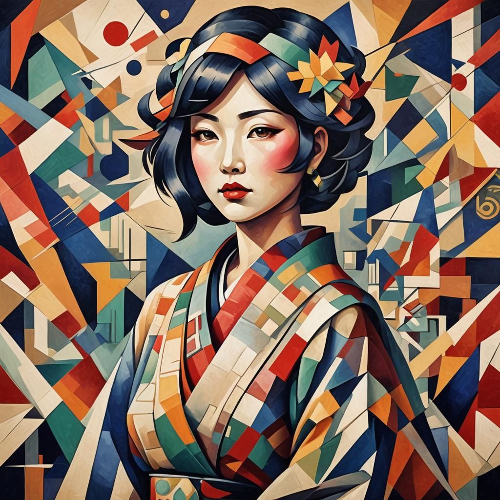 Cubist Japanese Woman in Geometric Art Deco Style