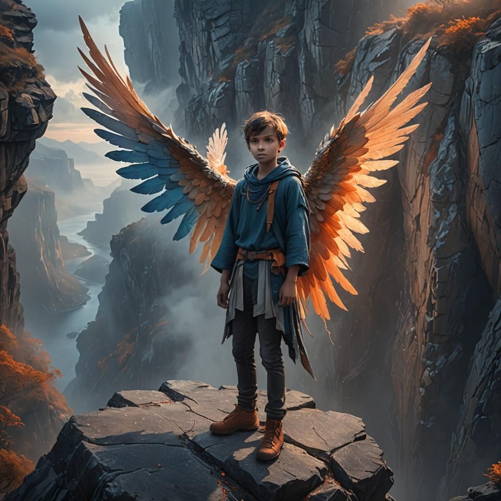 Angel Boy on Misty Cliff in Fantasy Art