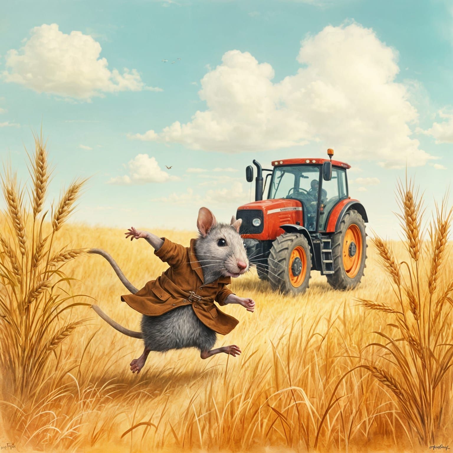 Pip the Rat Flees Tractor in Whimsical Watercolor