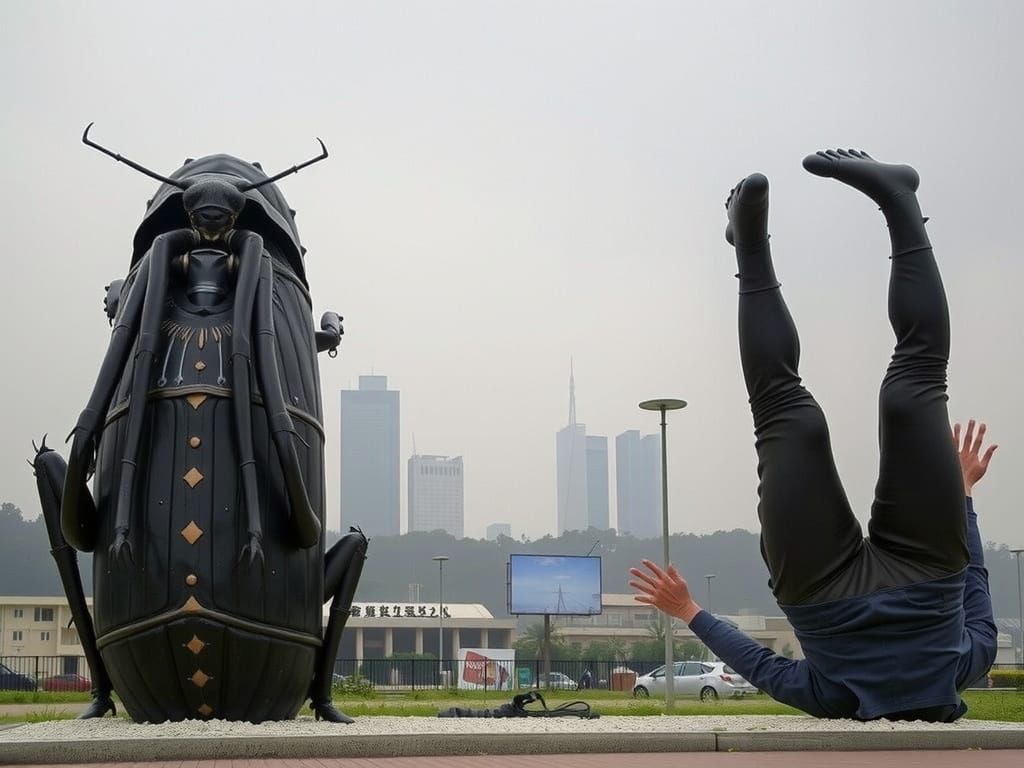 Surrealist Sculpture of Roach and Man in Dystopian Landscape