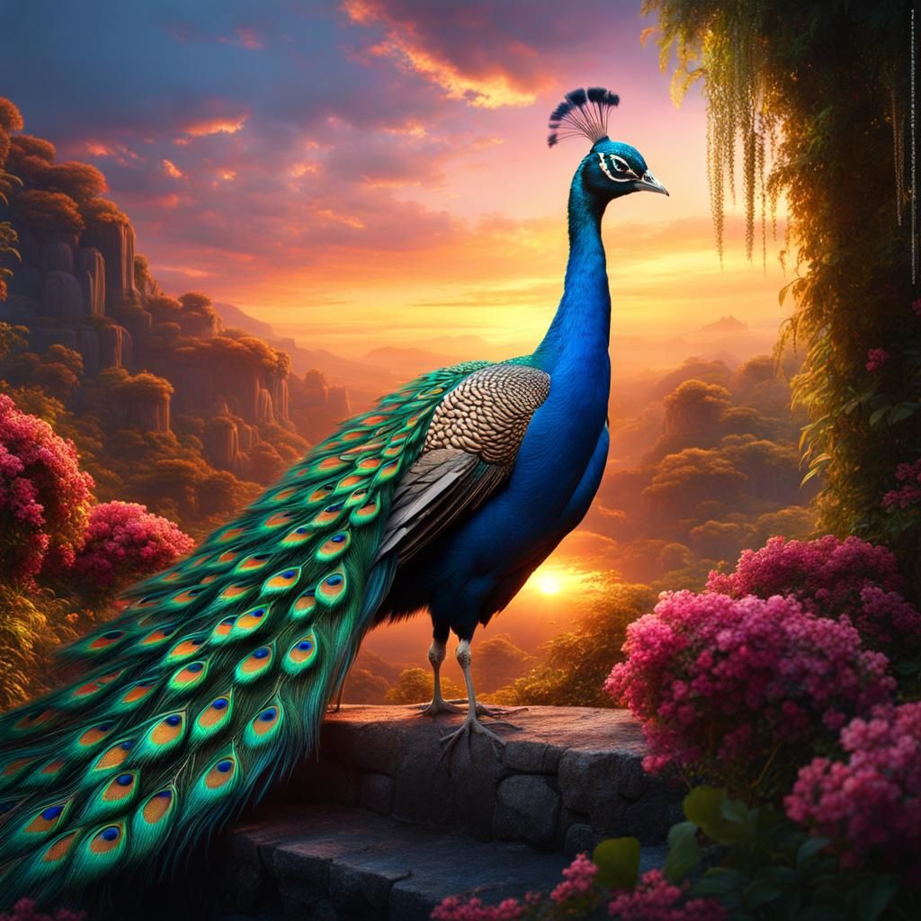 Peacock Displays Tail Feathers at Sunset