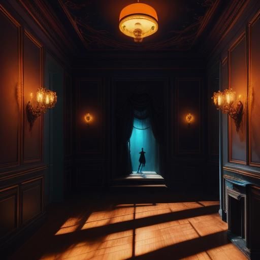 Eerie Bedroom Scene with Shadow, in Surreal Style