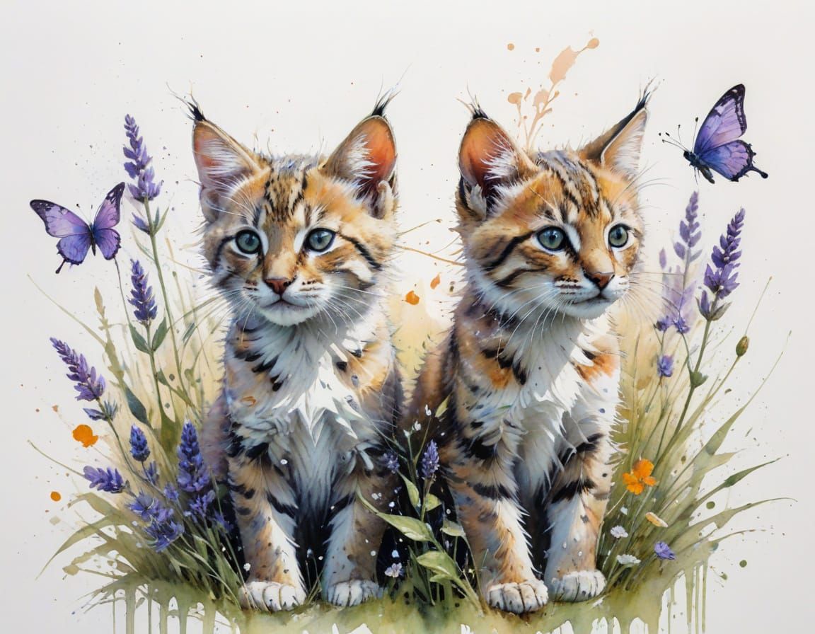 Pastel Cat Cubs Chasing Butterflies: Watercolour Painting