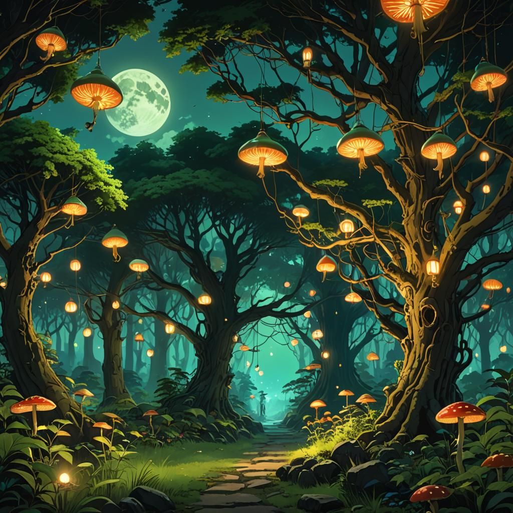 Enchanted Forest Night Market in Anime Style