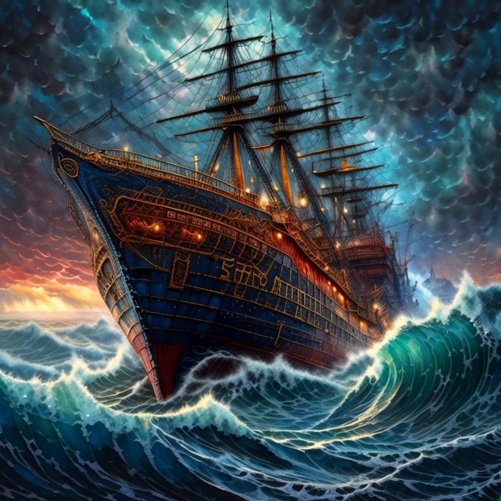 Cargo Ship Amidst Tumultuous Waves in Hyperrealism