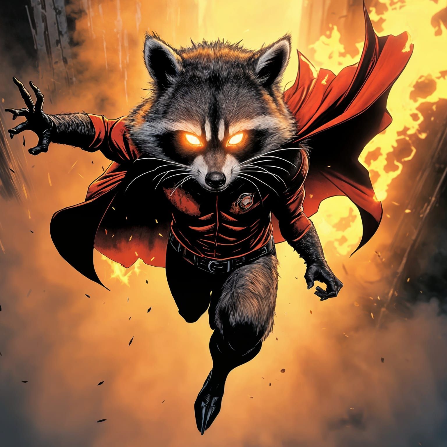 Inferno Raccoon Superhero Soaring Through the Sky
