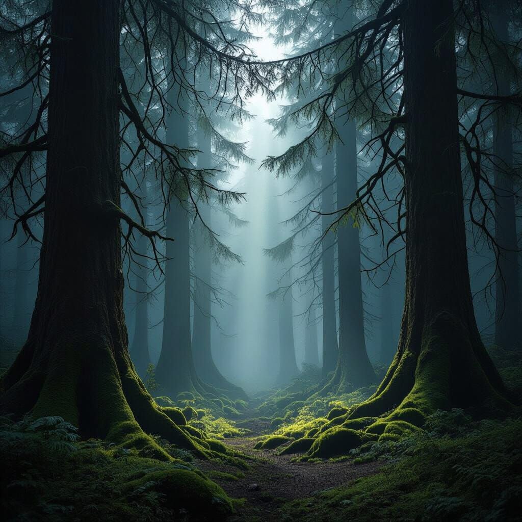 Misty Spruce Forest with Divine Light