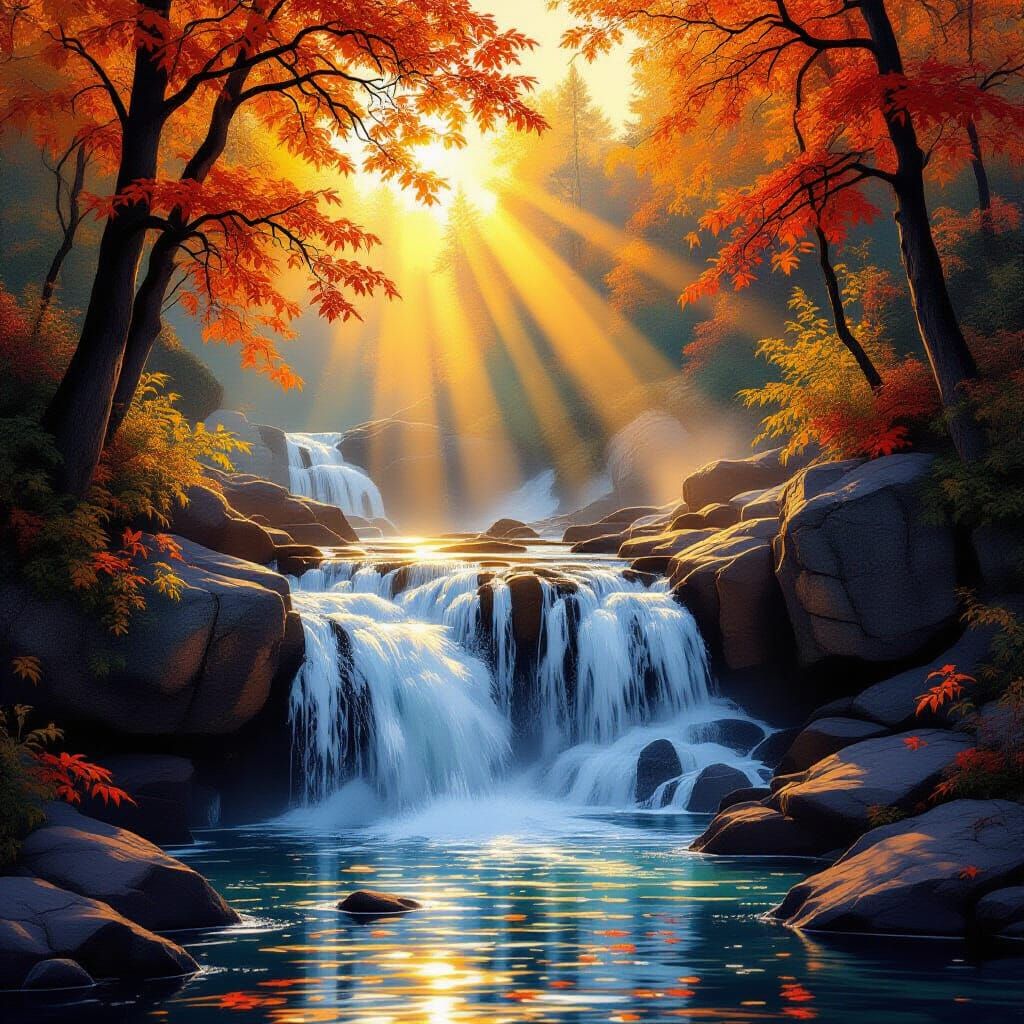 Golden Sunrise Autumn Waterfall in Digital Painting Style
