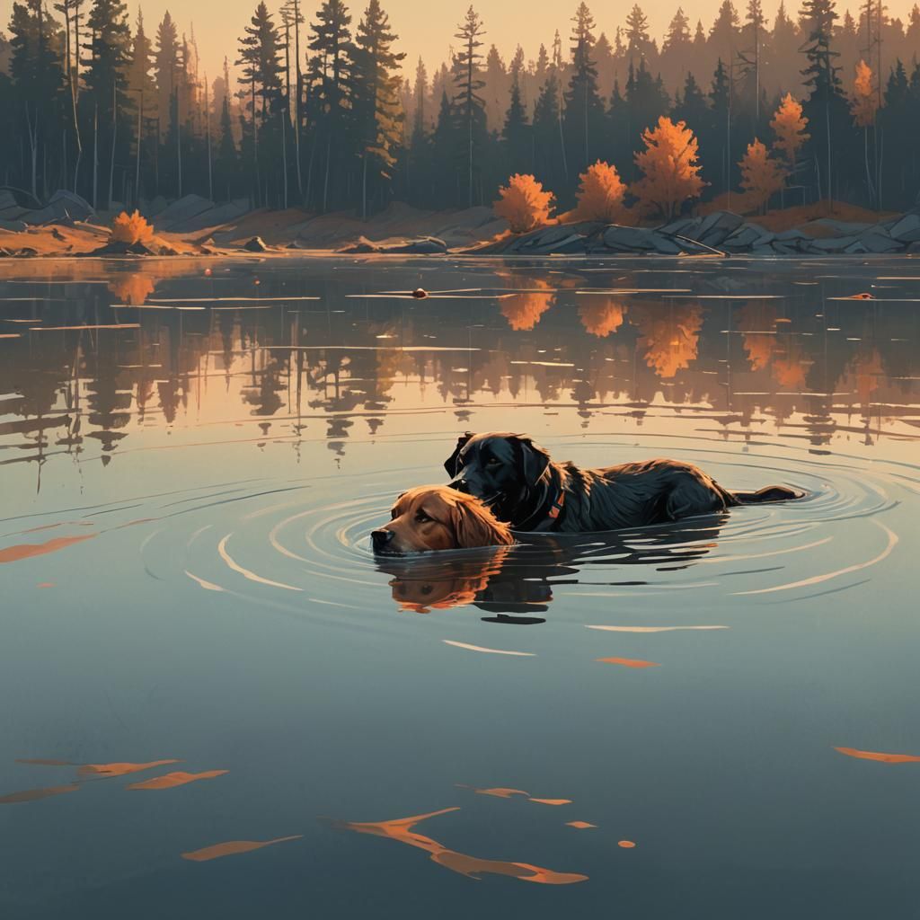 Dog Swimming in Lake: Atmospheric Impressionist Style