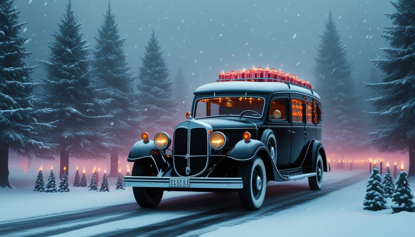 Gothic Hearse with Candy Candles in Snowy Mist