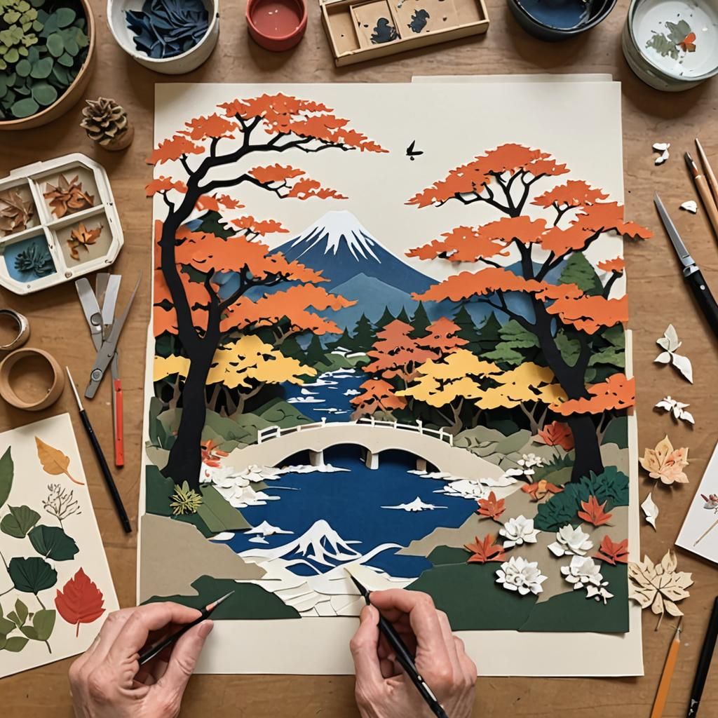 Japanese Garden Paper Collage in Hokusai Style