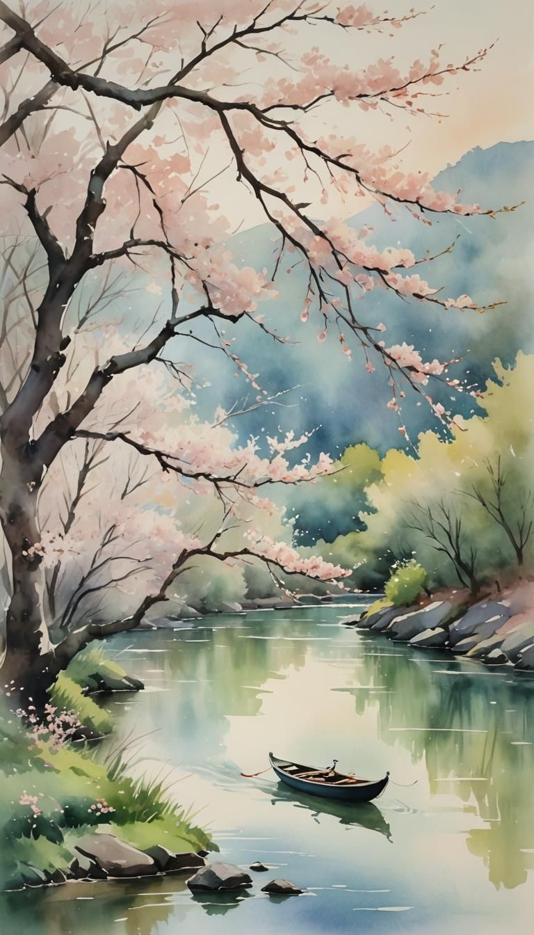 Watercolor River Scene with Cherry Blossoms