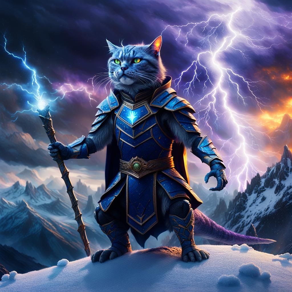 Cat-Lizard Wizard Channels Lightning in Mountain Storm