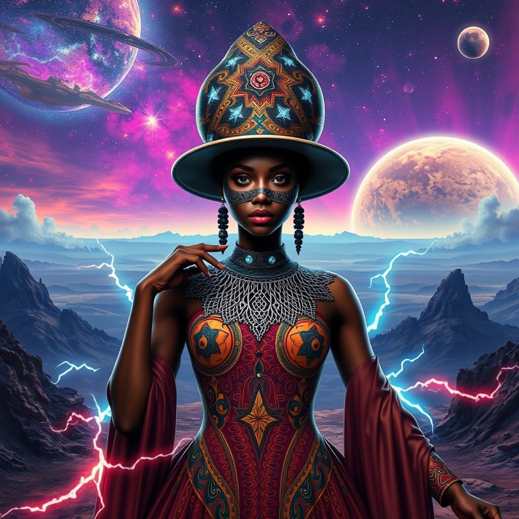 Afrofuturist Digital Character in Mystical Alien Landscape