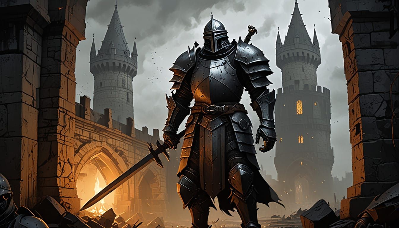 Gothic Knight in Dark, Weathered Plate Armor