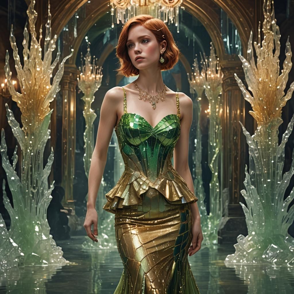 Woman in Crystalline Dress in Ballroom, Hyperrealistic