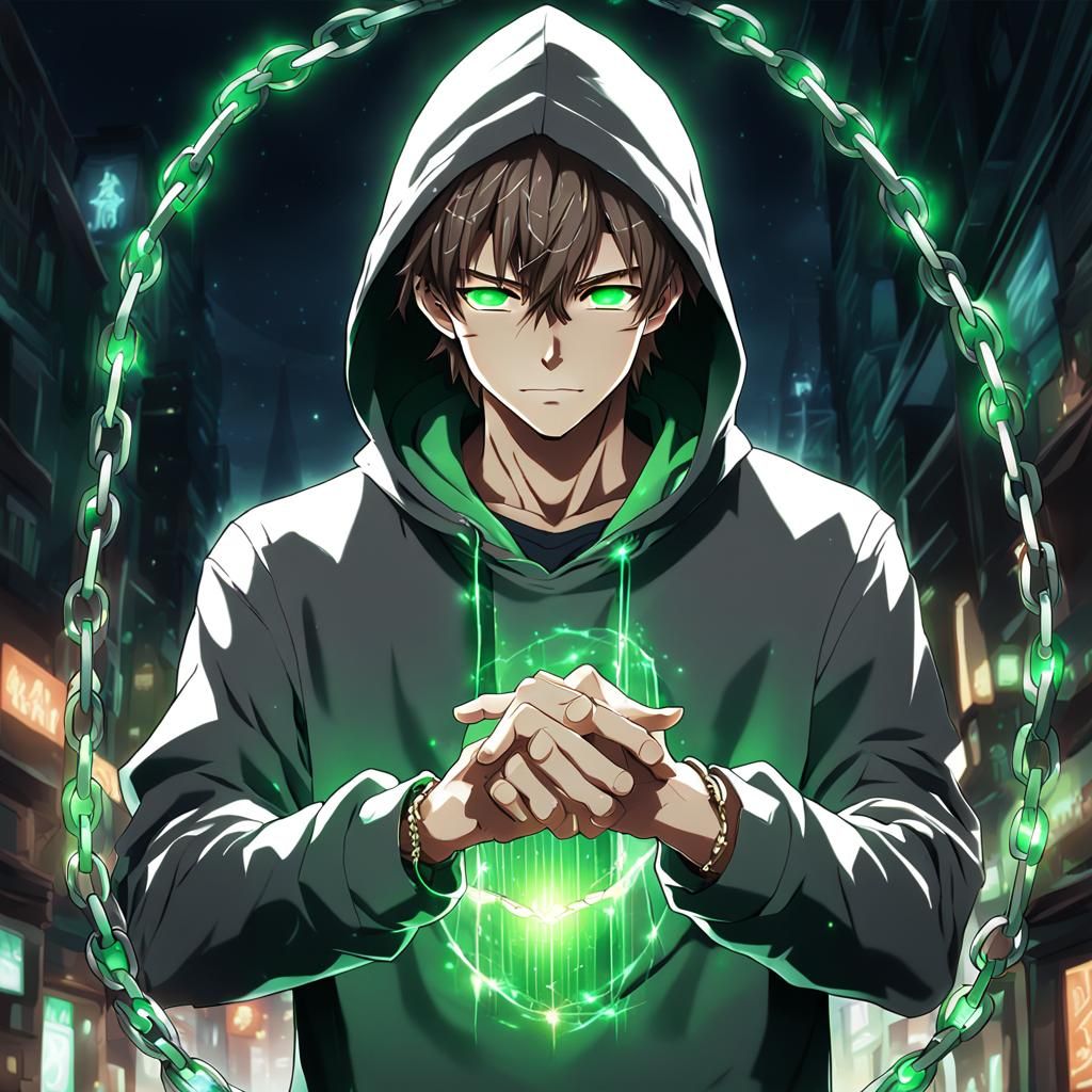 Brown Hair Guy Summons Glowing Chains: Anime Art
