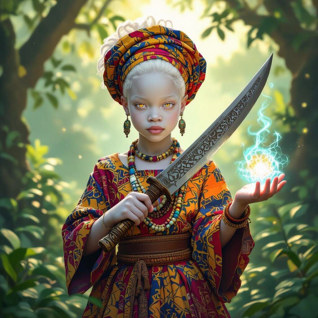 Albino Nigerian Girl Wielding Magical Knife in Forest