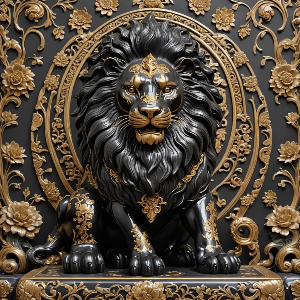 Ceramic Black Lion Statue with Gold Inlay