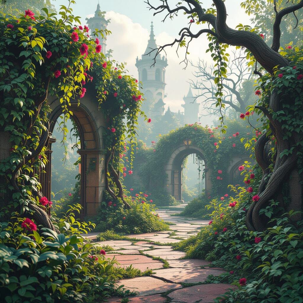 Creepy Overgrown Garden in Detailed Matte Painting Style