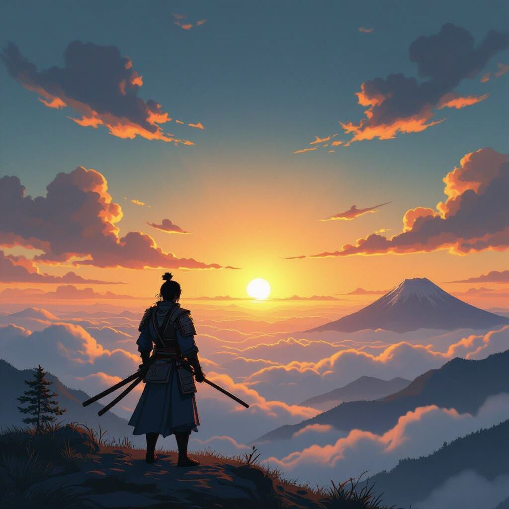 Samurai Overlooking Misty Valley at Sunrise in Anime Style