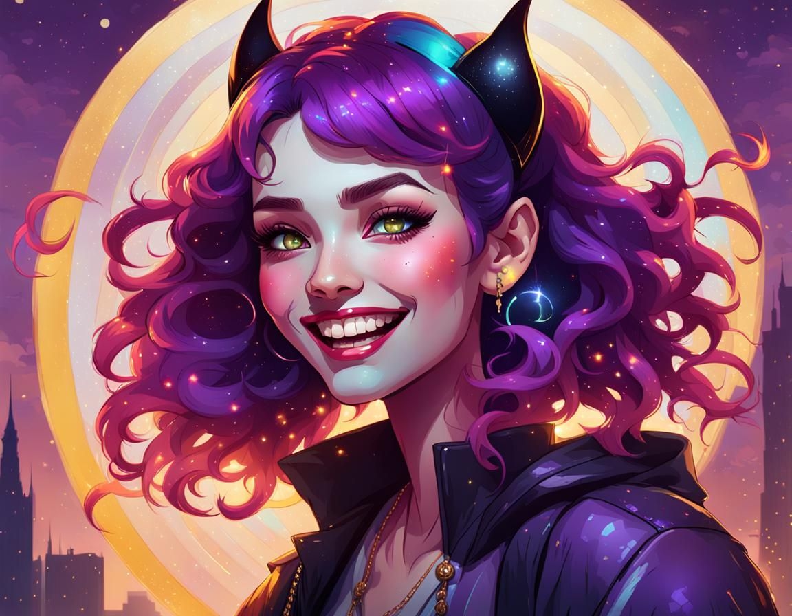 Smiling Vampire Girl Portrait with Rainbow Stardust