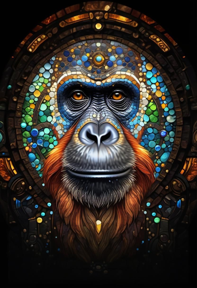 Steampunk Orangutan in Stained Glass Mosaic Style