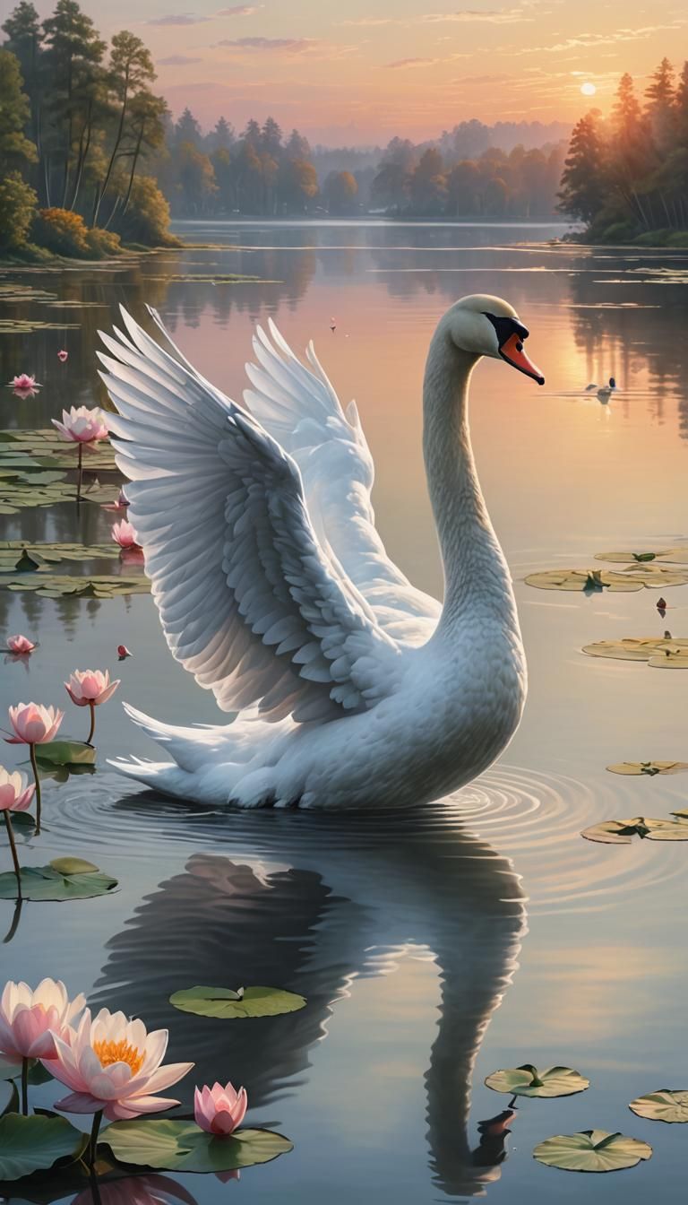 Hyperrealistic Swan on Serene Lake: Dark Fantasy Art