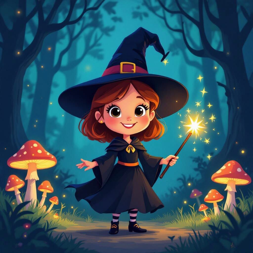 Whimsical Cartoon Witch in Twilight Forest