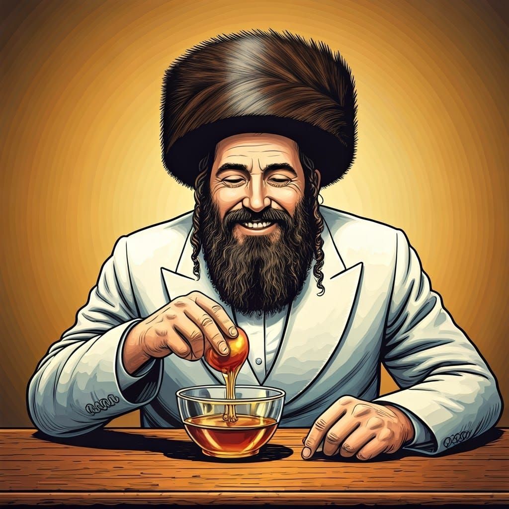 Joyful Orthodox Jew Dipping Apple in Honey, Comic Style