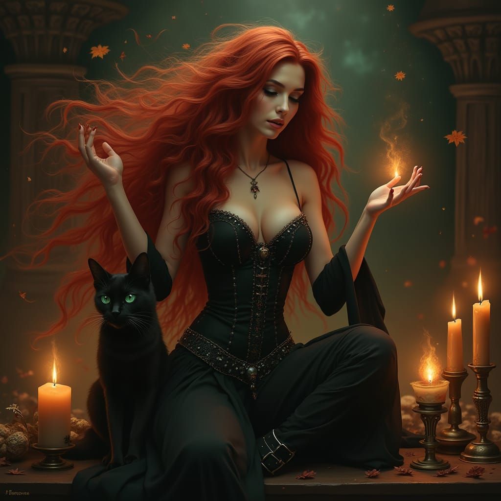 Enchanting Witch Performs Magic in Candlelit Chamber