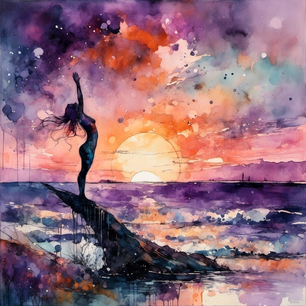 Mermaid Silhouetted at Sunset: Oil Painting Style