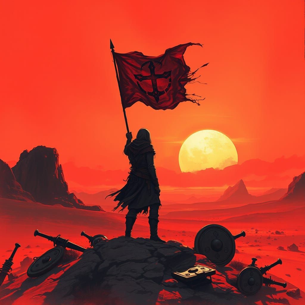 Silhouette on Barren Plain with Banner of Hope