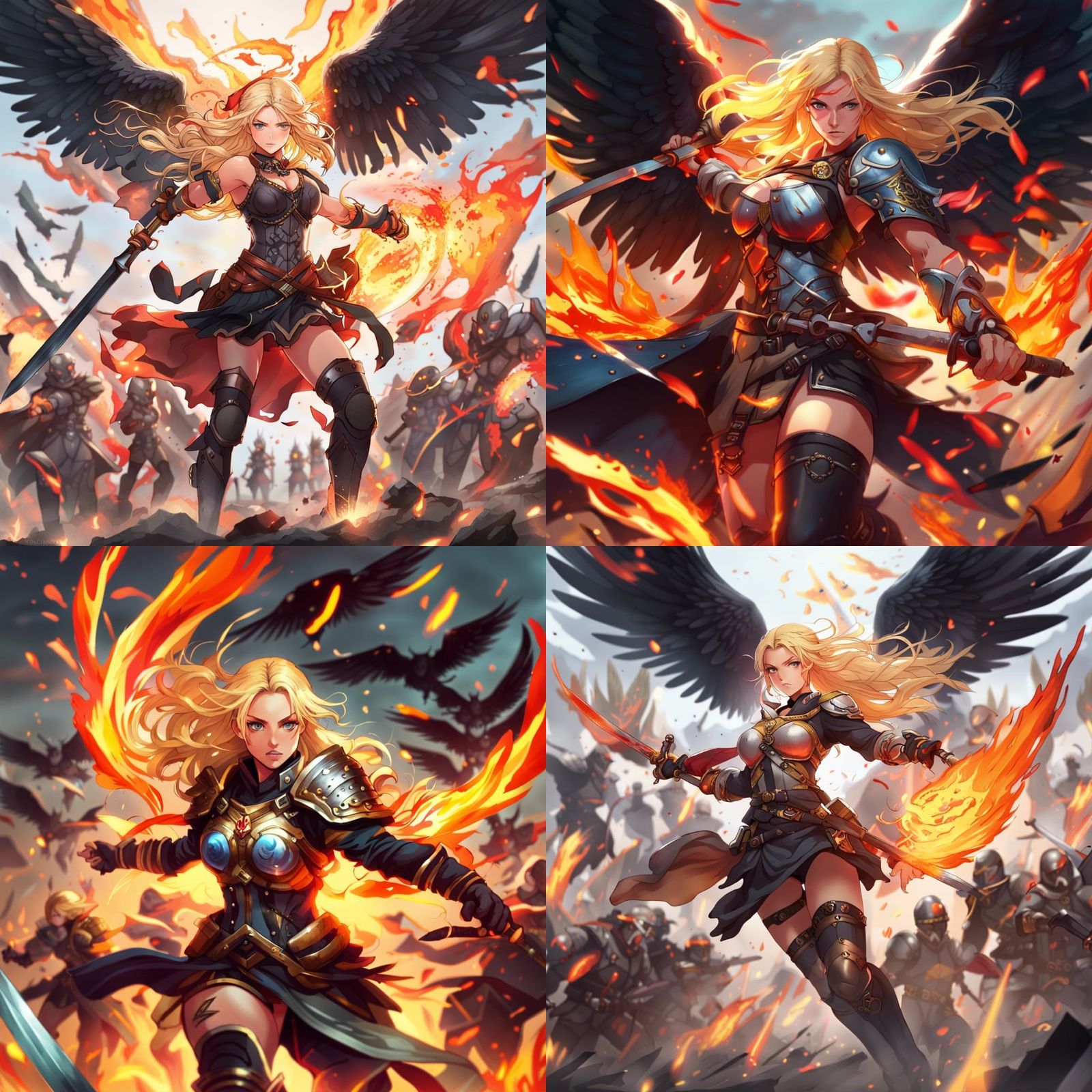 Blonde Valkyrie with Flaming Sword on Battlefield