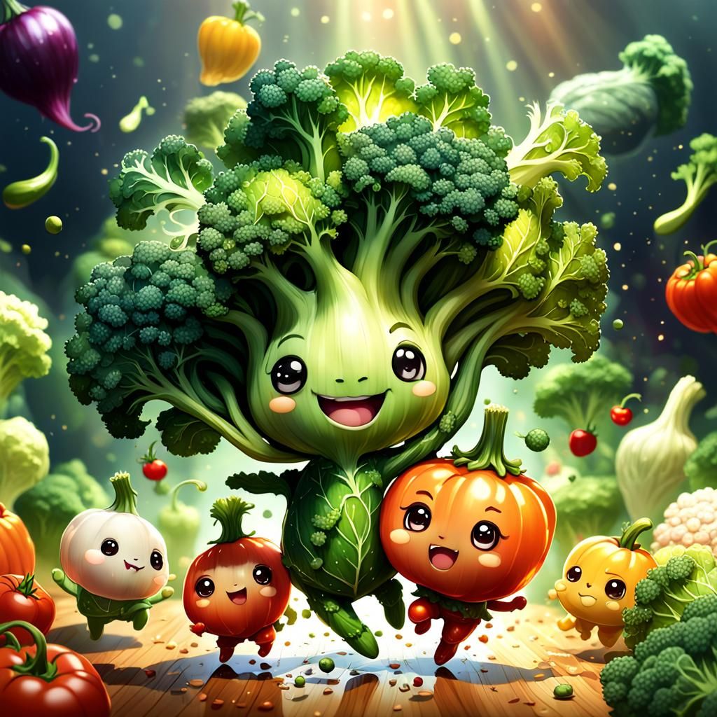 Chibi Vegetables Dancing: Hyperrealistic Anime Art