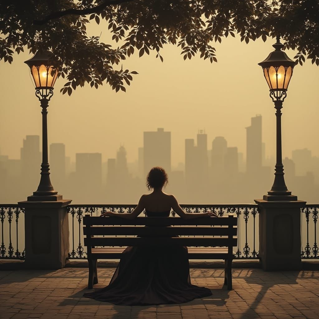 Film Noir Image: Woman Overlooking Sepia Cityscape