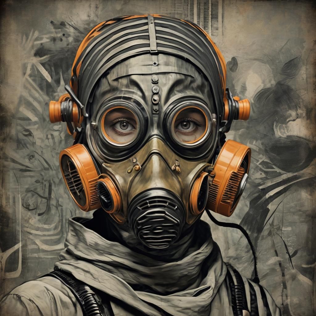 Surreal Portrait with Gasmask in Vintage Illustration Style