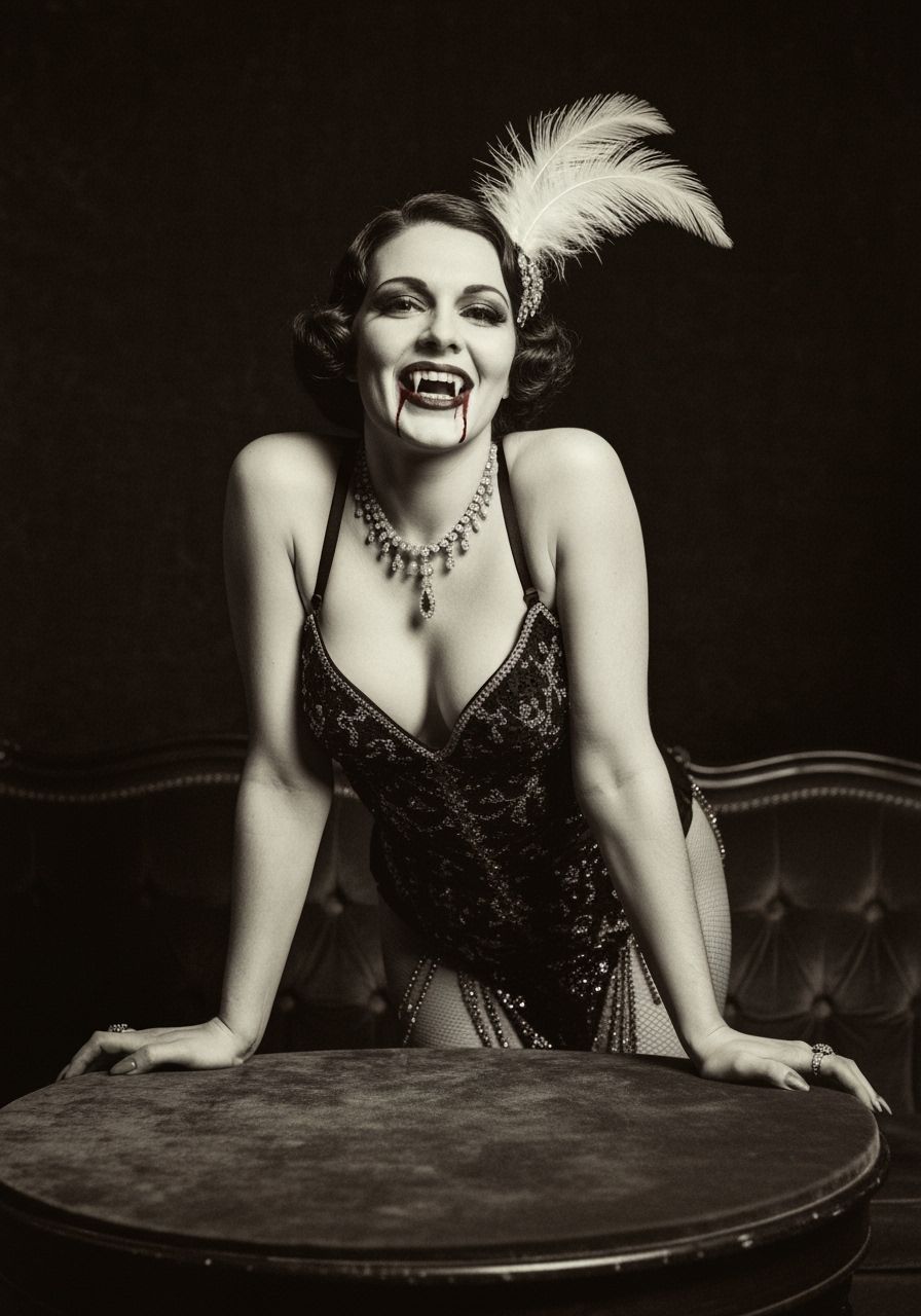 Vampire Burlesque Showgirl in 1920s Black and White Style
