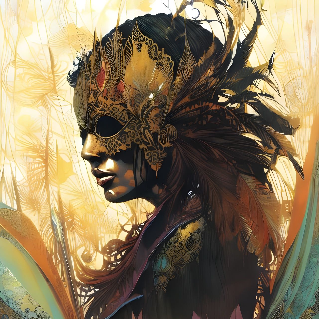 Venetian Masked Beauty: Intricate Portrait in Triadic Colors